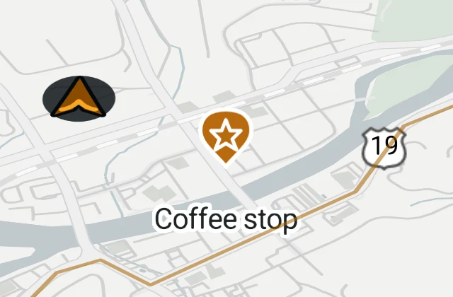 Zoomed-out RIDE map: only the rider and a saved favorite named Coffee stop remain.