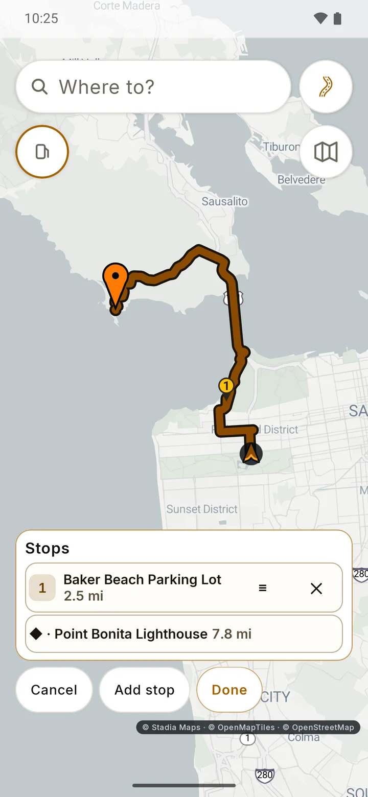 RIDE stops editor with Baker Beach Parking Lot as stop one before Point Bonita Lighthouse.
