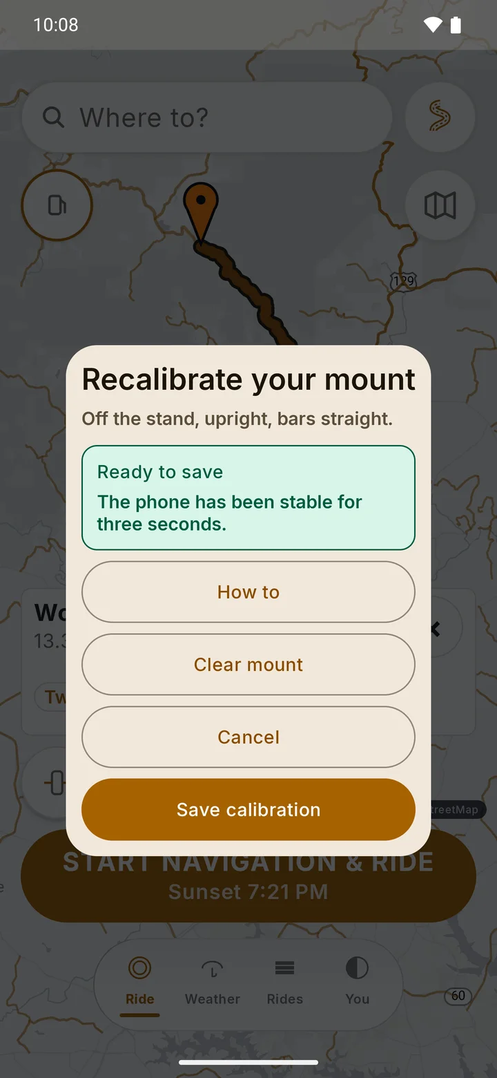 RIDE Recalibrate your mount dialog: a green Ready to save status, and How to, Clear mount, Cancel and Save calibration buttons.