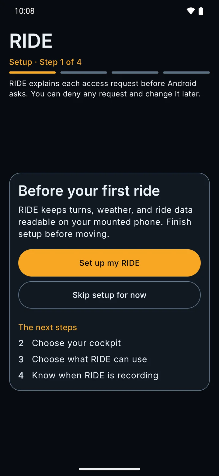 RIDE first screen, Before your first ride, with Set up my RIDE and Skip setup for now.