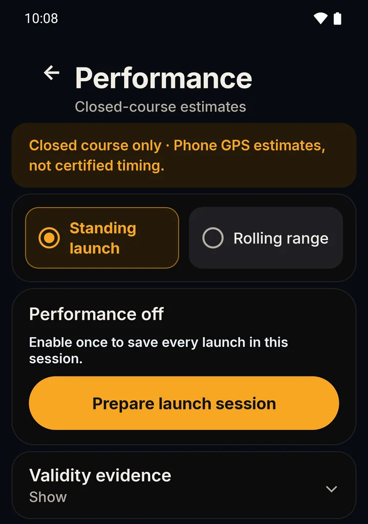 RIDE Performance page with the amber notice Closed course only, phone GPS estimates, not certified timing, above the Standing launch and Rolling range modes.