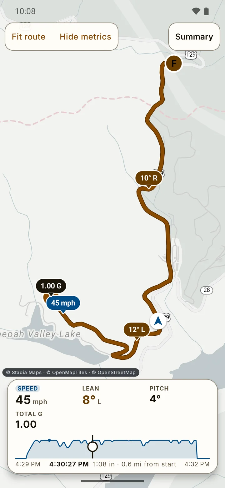 RIDE ride replay: the route on the map with a timeline dock whose Speed tab is open, and a pin at the top speed.