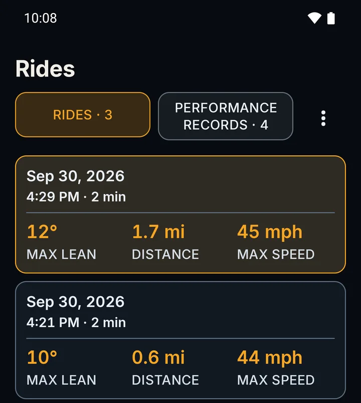 RIDE Rides tab in the Dark theme, listing saved rides with max lean, distance and max speed.