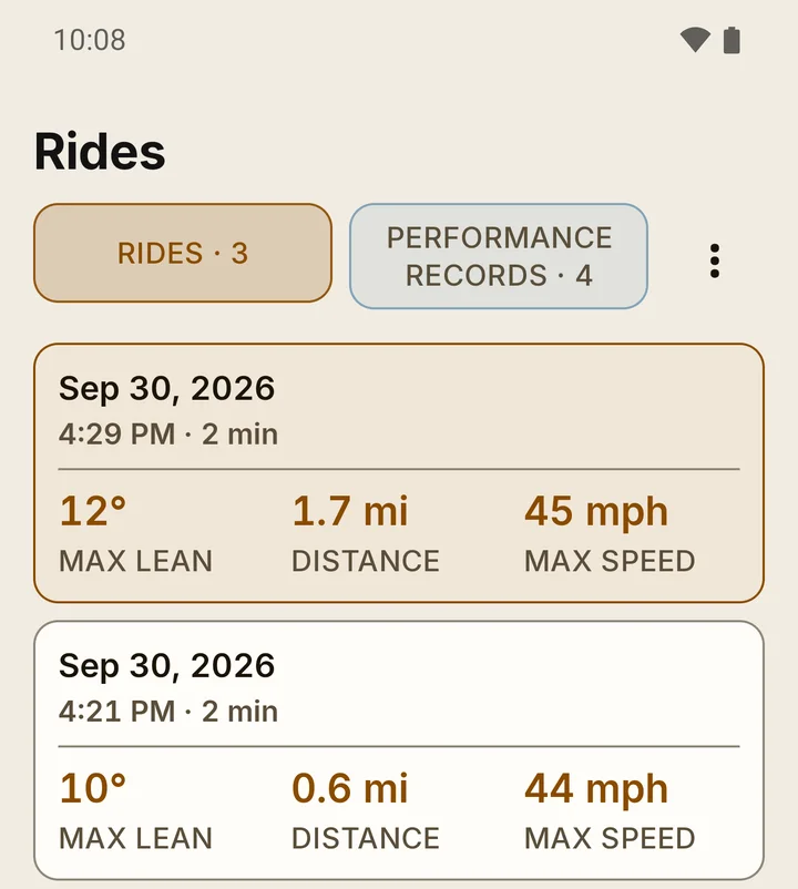 RIDE Rides tab: the Rides and Performance records switch and two saved rides, each showing its date, max lean, distance and max speed.