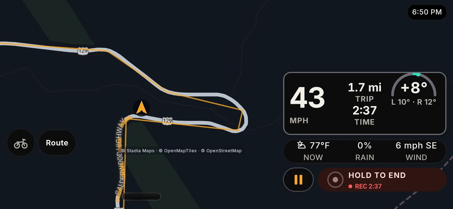 RIDE landscape riding screen in the Dark theme: a dark map on the left, and on the right speed 43 mph, trip, ride time, a live lean reading with the left and right maximums filled in, a weather strip and Hold to end.