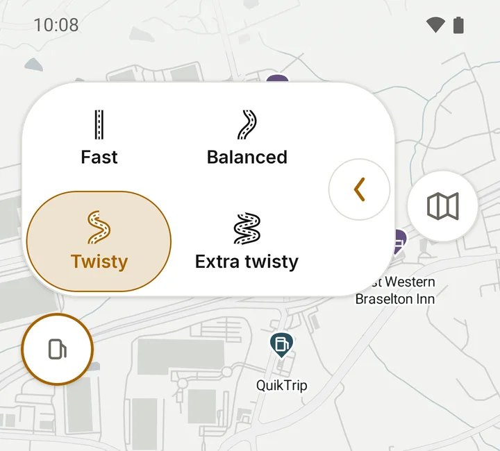 RIDE road preference pop-up on the map with four choices: Fast, Balanced, Twisty (selected) and Extra twisty, each with its own road icon.