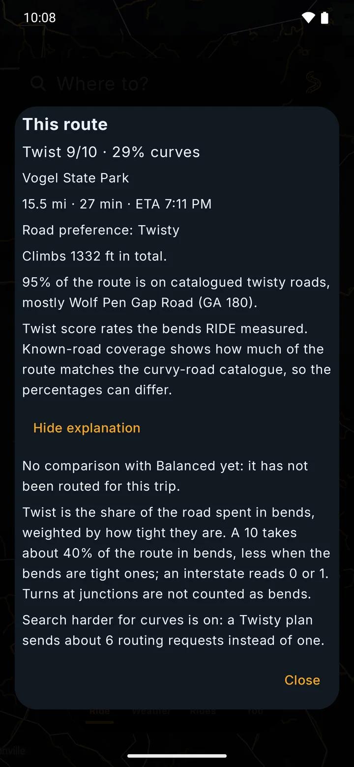 RIDE This route sheet in the Dark theme with How routing works open: a plain explanation that Twist is the share of the road spent in bends, weighted by how tight they are, and that a Twisty plan sends several routing requests instead of one.