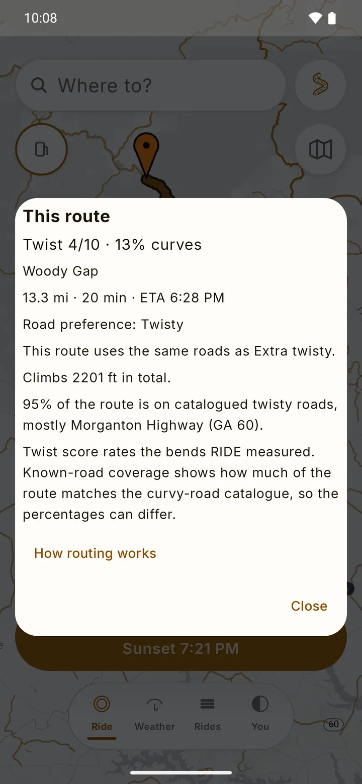 RIDE This route sheet for a 13.3 mile route: Twist 4 out of 10 and 13 percent curves, distance, time and ETA, the road preference, the climb, how much of the route is on catalogued twisty roads, and a How routing works link.
