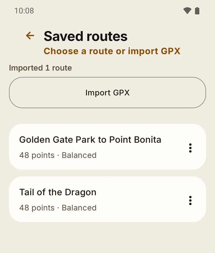 RIDE Saved routes page: Choose a route or import GPX, an Import GPX button and two saved routes.