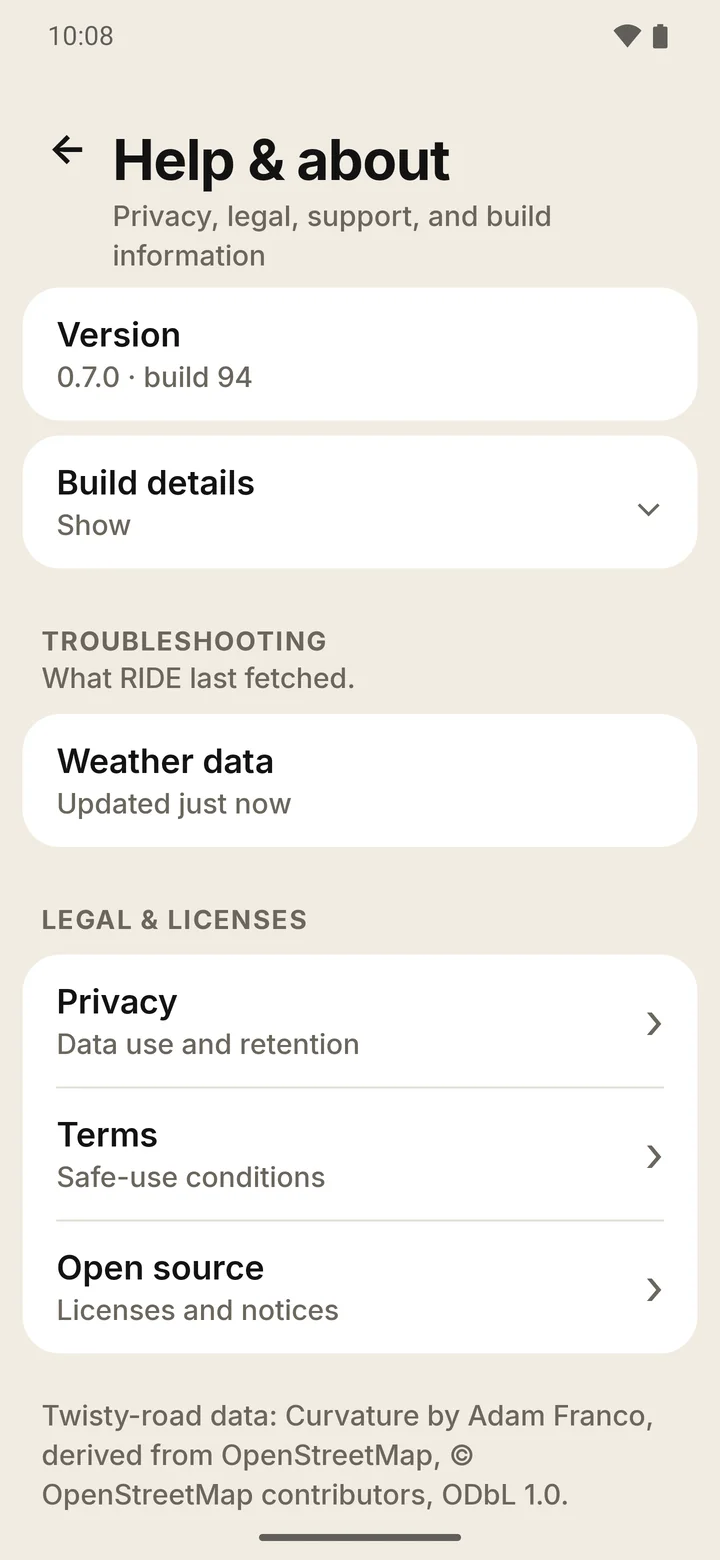 RIDE Help and about page: version, the privacy notice, terms and open-source licence rows, and the Curvature twisty-road credit.