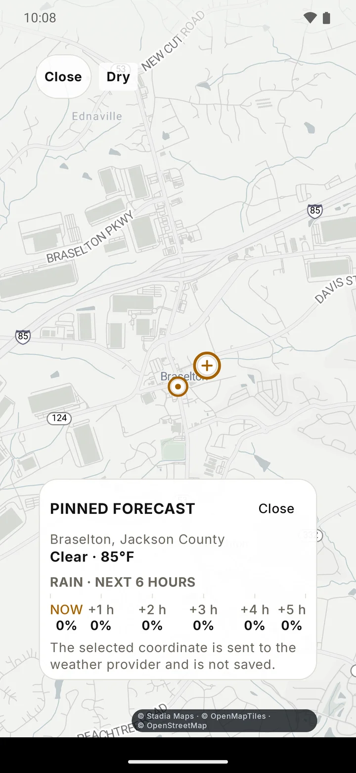RIDE full-screen weather map with a temporary pinned forecast card showing the rain outlook for the next six hours and a note that the selected coordinate is sent to the weather provider and is not saved.