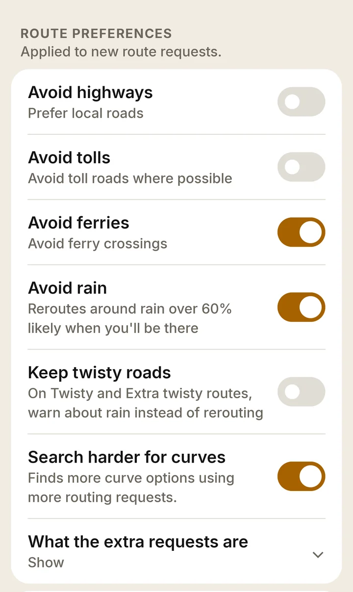 RIDE Ride setup route preferences: switches for Avoid highways, Avoid tolls, Avoid ferries, Avoid rain (on) and Keep twisty roads (off), then Search harder for curves and a row explaining the extra requests.